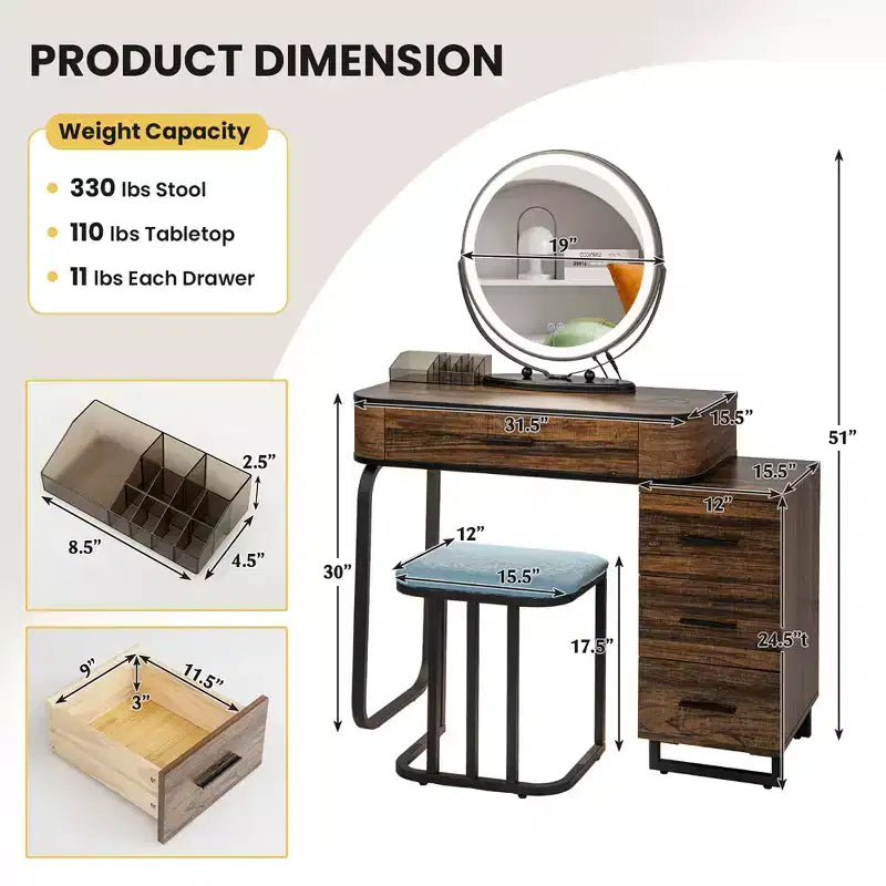 Costway Vanity Table Set 3-Color Dimmable Human Body Induction Light Charging Station