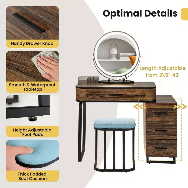 Costway Vanity Table Set 3-Color Dimmable Human Body Induction Light Charging Station