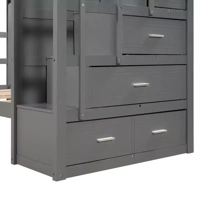 Twin Over Twin Wood Bunk Bed with 4 Drawers, Trundle and Staircase-ModernLuxe
