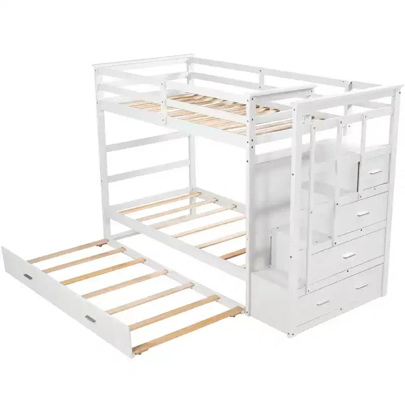 Twin Over Twin Wood Bunk Bed with 4 Drawers, Trundle and Staircase-ModernLuxe