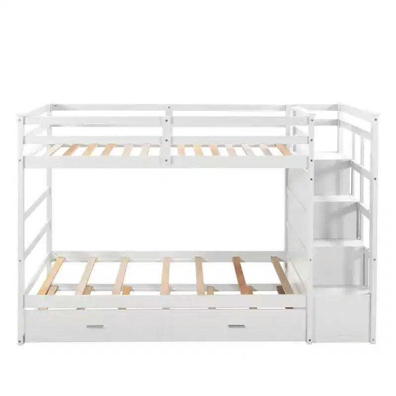 Twin Over Twin Wood Bunk Bed with 4 Drawers, Trundle and Staircase-ModernLuxe