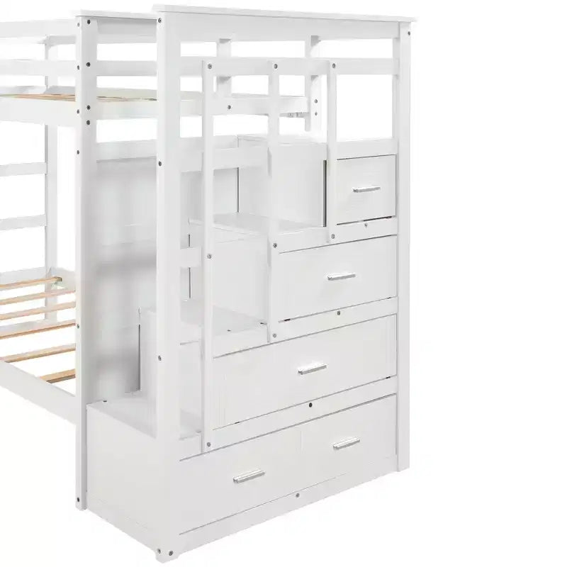 Twin Over Twin Wood Bunk Bed with 4 Drawers, Trundle and Staircase-ModernLuxe