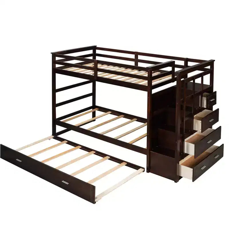Twin Over Twin Wood Bunk Bed with 4 Drawers, Trundle and Staircase-ModernLuxe
