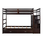 Twin Over Twin Wood Bunk Bed with 4 Drawers, Trundle and Staircase-ModernLuxe
