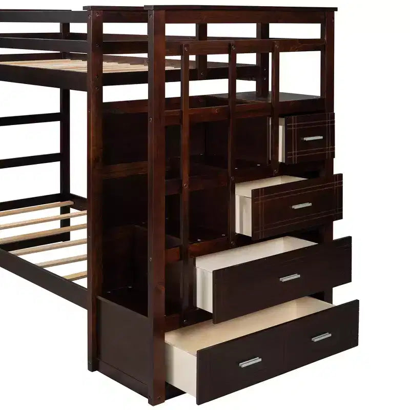 Twin Over Twin Wood Bunk Bed with 4 Drawers, Trundle and Staircase-ModernLuxe