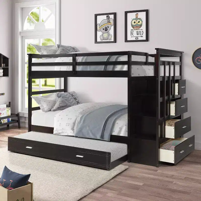 Twin Over Twin Wood Bunk Bed with 4 Drawers, Trundle and Staircase-ModernLuxe