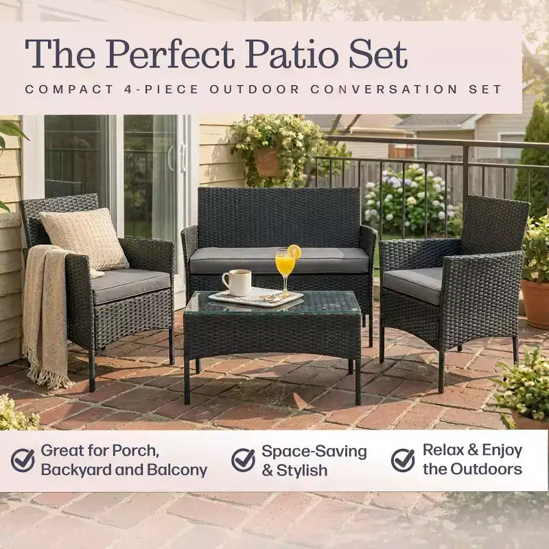 Patio Furniture Set  4-Piece Rattan Outdoor Sofa, 2 Cushioned Chairs, and Table Combo for Deck, Pool, or Porch Furniture by Lavish Home (Gray)