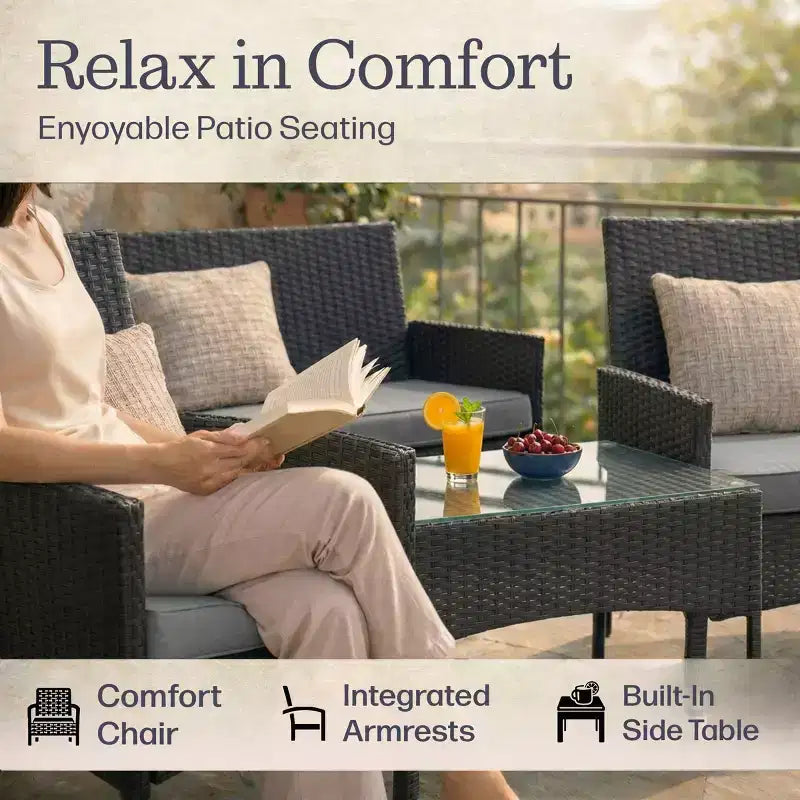Patio Furniture Set  4-Piece Rattan Outdoor Sofa, 2 Cushioned Chairs, and Table Combo for Deck, Pool, or Porch Furniture by Lavish Home (Gray)