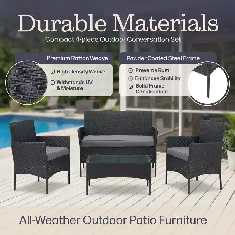 Patio Furniture Set  4-Piece Rattan Outdoor Sofa, 2 Cushioned Chairs, and Table Combo for Deck, Pool, or Porch Furniture by Lavish Home (Gray)