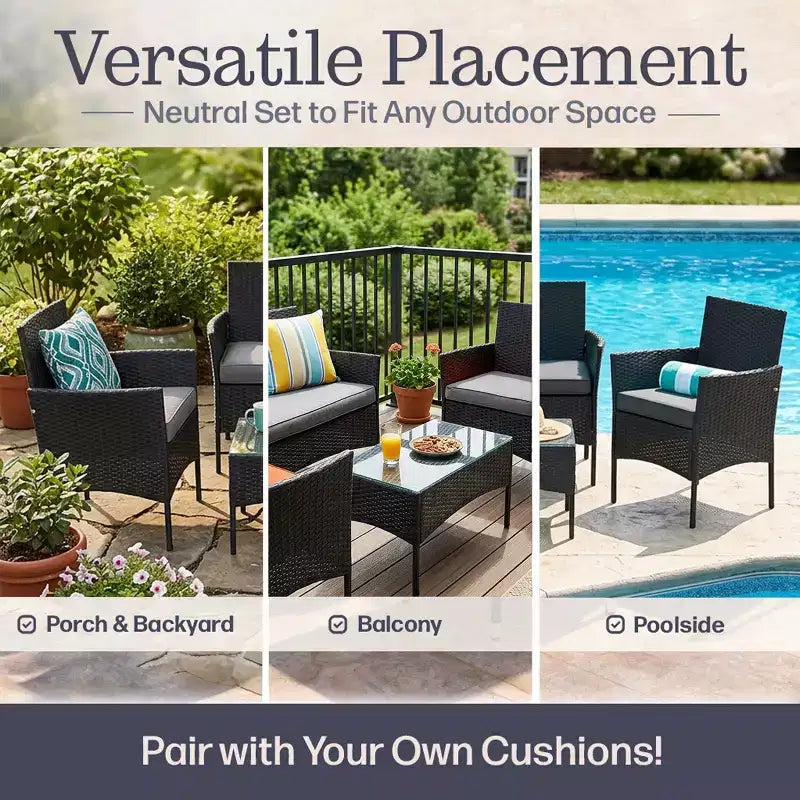 Patio Furniture Set  4-Piece Rattan Outdoor Sofa, 2 Cushioned Chairs, and Table Combo for Deck, Pool, or Porch Furniture by Lavish Home (Gray)