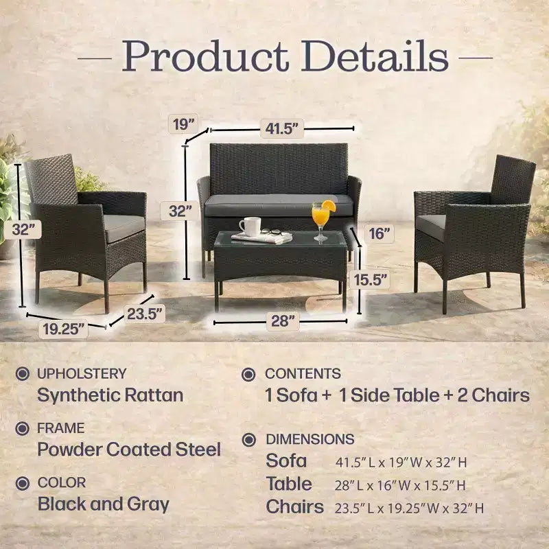 Patio Furniture Set  4-Piece Rattan Outdoor Sofa, 2 Cushioned Chairs, and Table Combo for Deck, Pool, or Porch Furniture by Lavish Home (Gray)