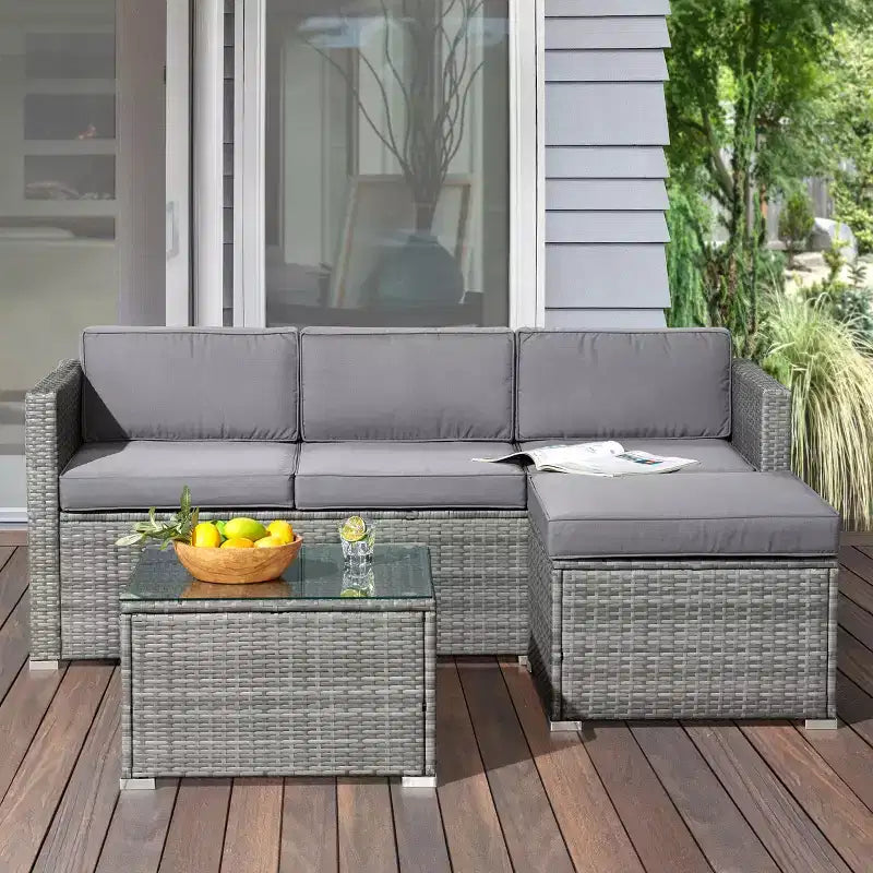 Ensemble de mobilier de jardin - Ensemble de canapé, pouf et table d'extérieur 3 pièces en rotin pour terrasse, piscine, véranda ou jardin par Lavish Home (gris/bleu)