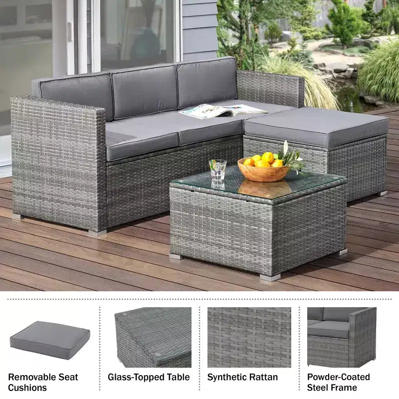 Ensemble de mobilier de jardin - Ensemble de canapé, pouf et table d'extérieur 3 pièces en rotin pour terrasse, piscine, véranda ou jardin par Lavish Home (gris/bleu)