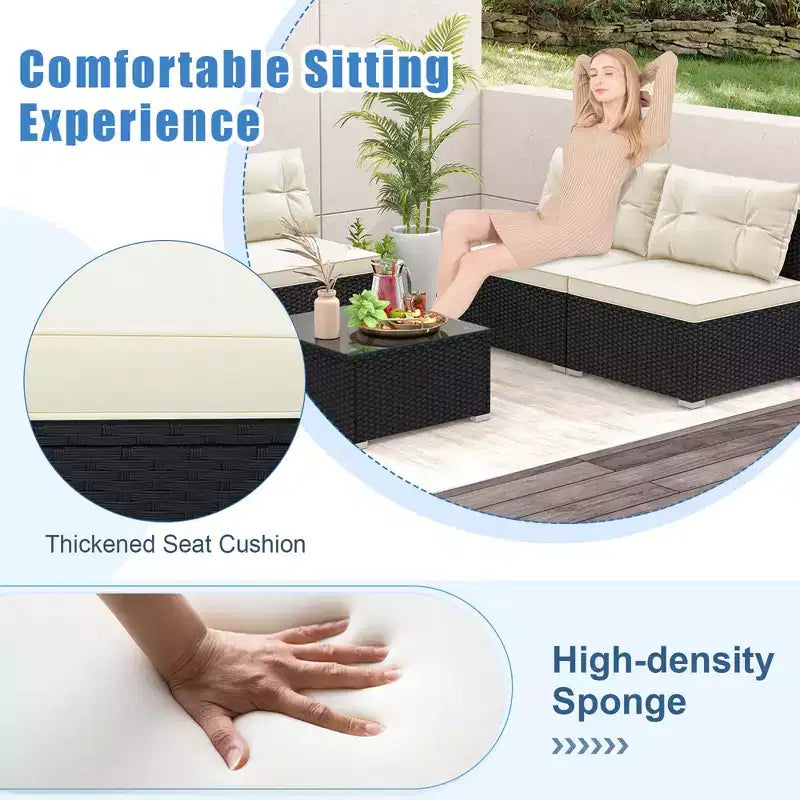Costway 5 Pieces Outdoor Furniture Set with Seat & Back Cushions Tempered Glass Tabletop