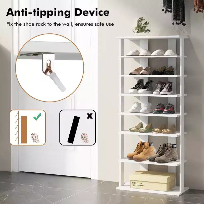 Costway Range-chaussures breveté à 7 niveaux, double rangée, organisateur de rangement vertical en bois, blanc rustique/marron