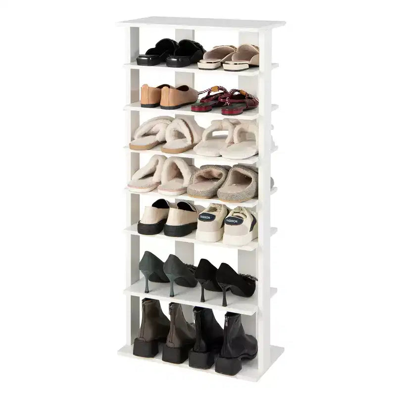 Costway Range-chaussures breveté à 7 niveaux, double rangée, organisateur de rangement vertical en bois, blanc rustique/marron