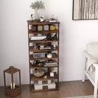 Costway Range-chaussures breveté à 7 niveaux, double rangée, organisateur de rangement vertical en bois, blanc rustique/marron
