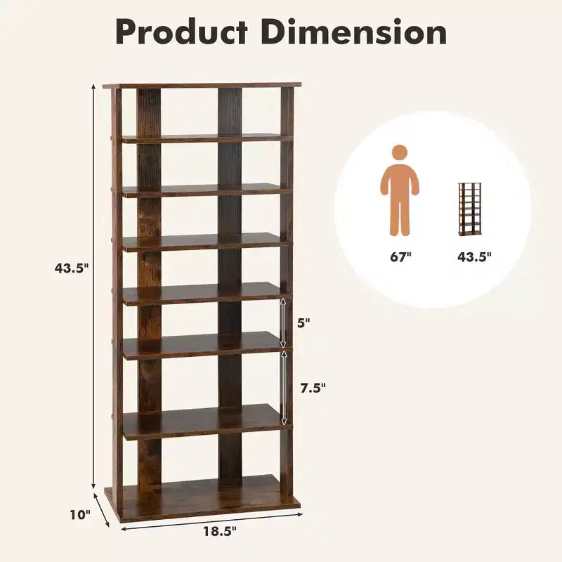 Costway Range-chaussures breveté à 7 niveaux, double rangée, organisateur de rangement vertical en bois, blanc rustique/marron