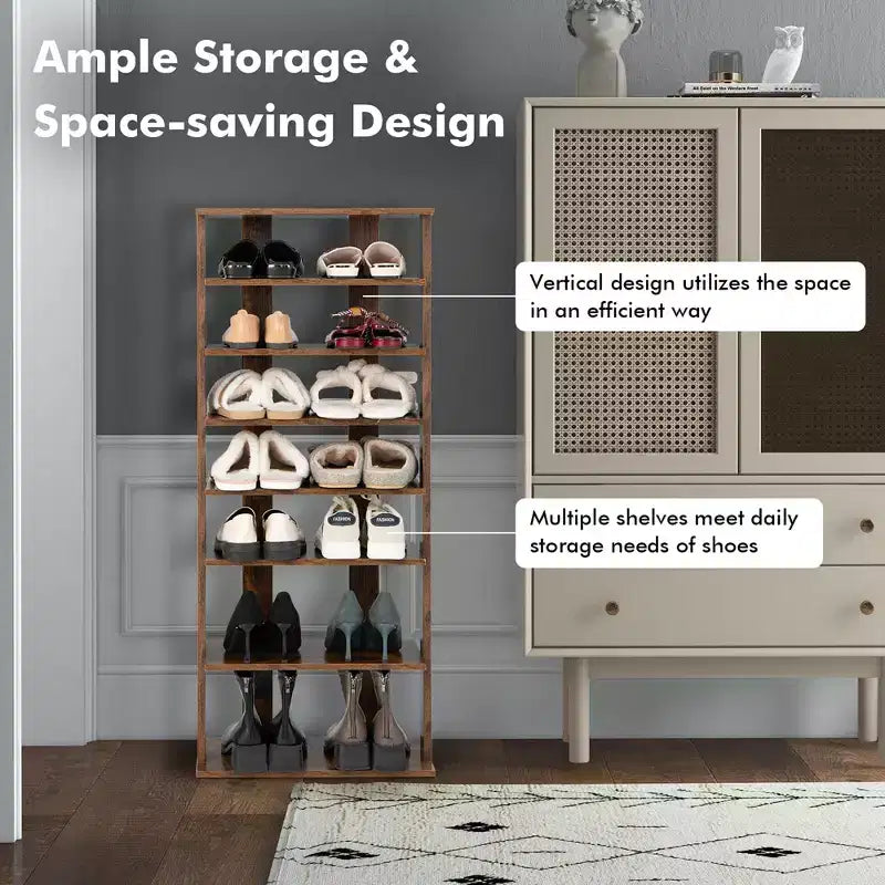 Costway Range-chaussures breveté à 7 niveaux, double rangée, organisateur de rangement vertical en bois, blanc rustique/marron