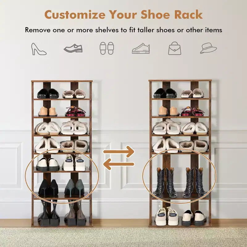 Costway Range-chaussures breveté à 7 niveaux, double rangée, organisateur de rangement vertical en bois, blanc rustique/marron
