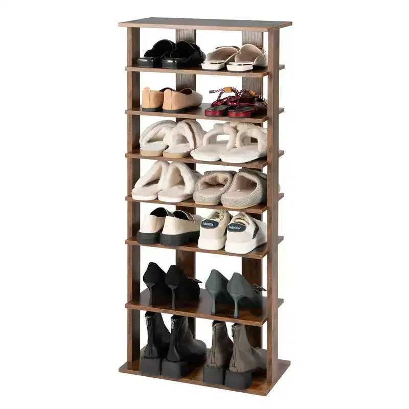 Costway Range-chaussures breveté à 7 niveaux, double rangée, organisateur de rangement vertical en bois, blanc rustique/marron