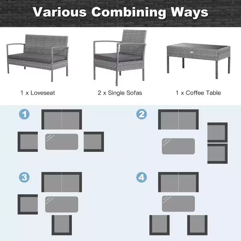 Costway 4 PCS Outdoor Rattan Furniture Set Patio Conversation Sofa Set Cushioned Grey