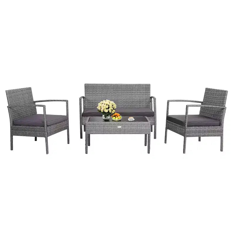 Costway 4 PCS Outdoor Rattan Furniture Set Patio Conversation Sofa Set Cushioned Grey