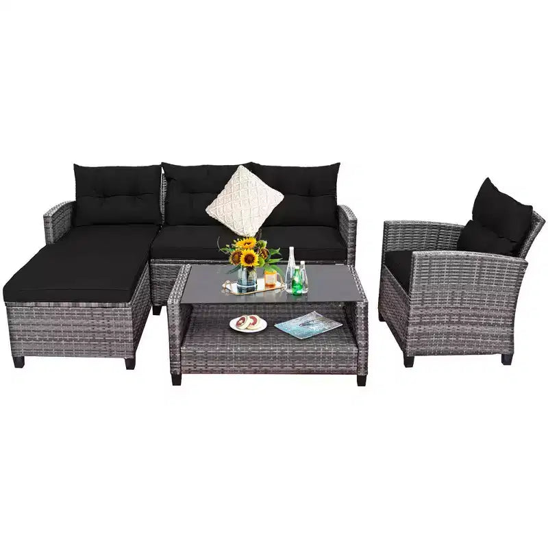 Costway Ensemble de Meubles de Jardin en Rotin 4 Pièces Canapé Ottoman Coussins pour Terrasse Jardin Blanc/Gris/Noir