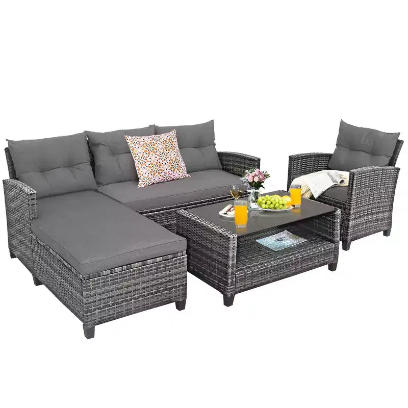 Costway Ensemble de Meubles de Jardin en Rotin 4 Pièces Canapé Ottoman Coussins pour Terrasse Jardin Blanc/Gris/Noir