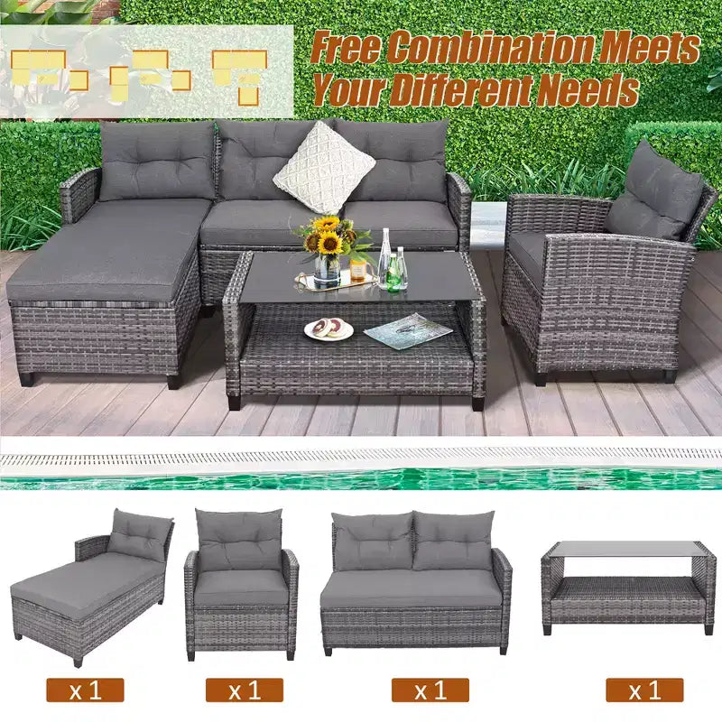 Costway Ensemble de Meubles de Jardin en Rotin 4 Pièces Canapé Ottoman Coussins pour Terrasse Jardin Blanc/Gris/Noir
