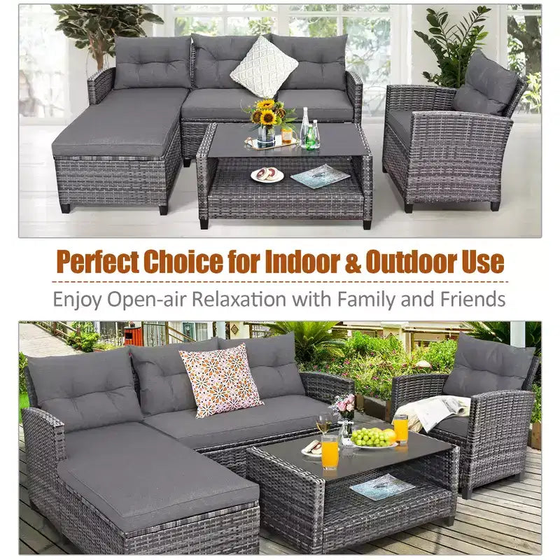 Costway Ensemble de Meubles de Jardin en Rotin 4 Pièces Canapé Ottoman Coussins pour Terrasse Jardin Blanc/Gris/Noir