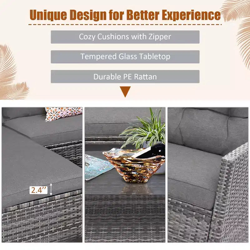 Costway Ensemble de Meubles de Jardin en Rotin 4 Pièces Canapé Ottoman Coussins pour Terrasse Jardin Blanc/Gris/Noir