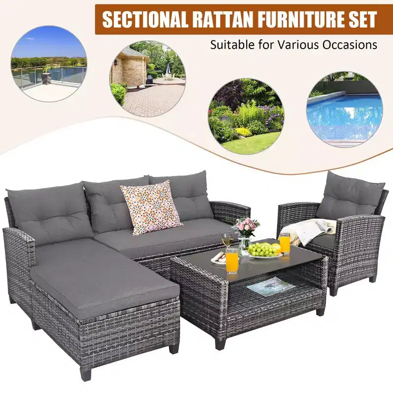 Costway Ensemble de Meubles de Jardin en Rotin 4 Pièces Canapé Ottoman Coussins pour Terrasse Jardin Blanc/Gris/Noir