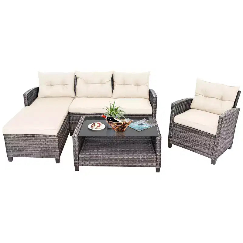 Costway Ensemble de Meubles de Jardin en Rotin 4 Pièces Canapé Ottoman Coussins pour Terrasse Jardin Blanc/Gris/Noir