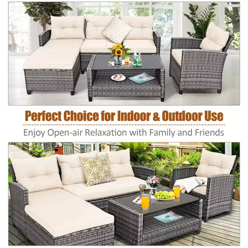 Costway Ensemble de Meubles de Jardin en Rotin 4 Pièces Canapé Ottoman Coussins pour Terrasse Jardin Blanc/Gris/Noir