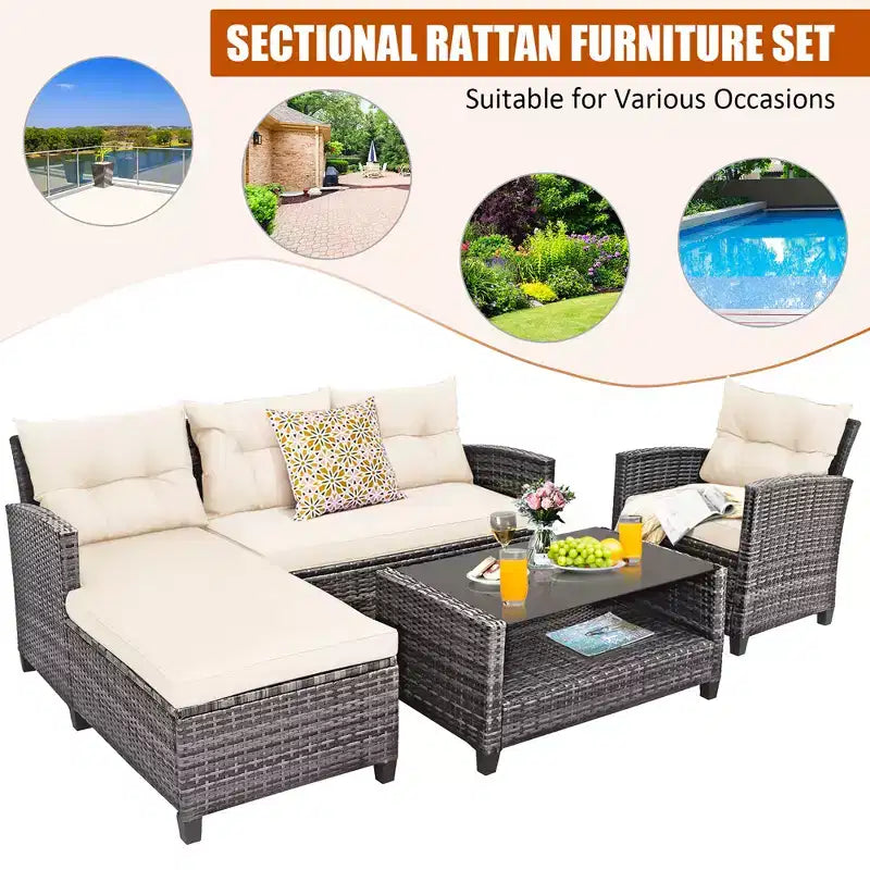 Costway Ensemble de Meubles de Jardin en Rotin 4 Pièces Canapé Ottoman Coussins pour Terrasse Jardin Blanc/Gris/Noir