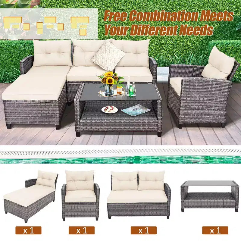 Costway Ensemble de Meubles de Jardin en Rotin 4 Pièces Canapé Ottoman Coussins pour Terrasse Jardin Blanc/Gris/Noir
