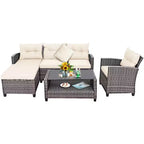 Costway Ensemble de Meubles de Jardin en Rotin 4 Pièces Canapé Ottoman Coussins pour Terrasse Jardin Blanc/Gris/Noir
