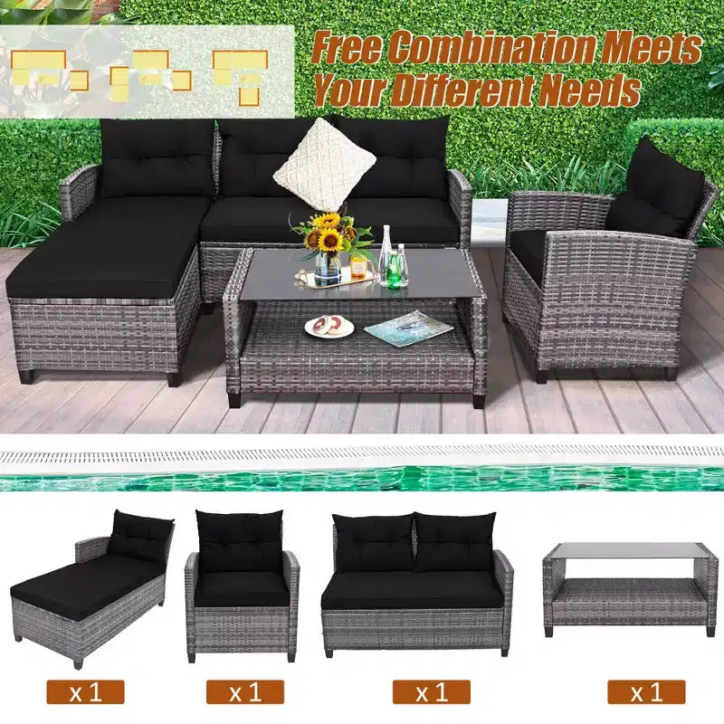 Costway Ensemble de Meubles de Jardin en Rotin 4 Pièces Canapé Ottoman Coussins pour Terrasse Jardin Blanc/Gris/Noir