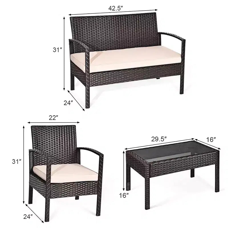Costway Patio Rattan 4PCS Conversation Furniture Set Cushioned Seat Glass Table