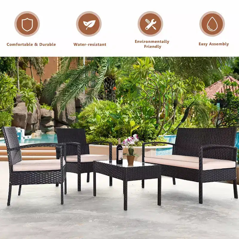 Costway Patio Rattan 4PCS Conversation Furniture Set Cushioned Seat Glass Table