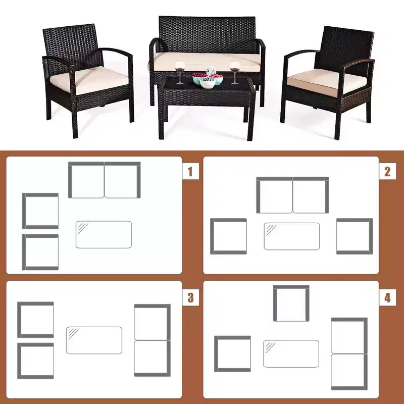 Costway Patio Rattan 4PCS Conversation Furniture Set Cushioned Seat Glass Table
