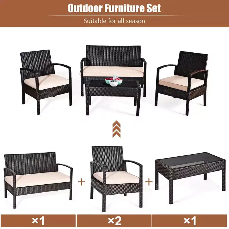 Costway Patio Rattan 4PCS Conversation Furniture Set Cushioned Seat Glass Table