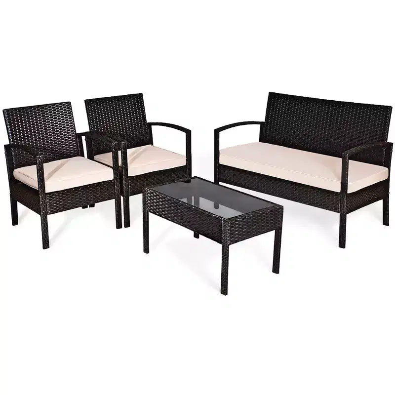 Costway Patio Rattan 4PCS Conversation Furniture Set Cushioned Seat Glass Table