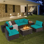 Costway Ensemble de Meubles de Patio en Rotin 8 Pièces Table Brasero Housse de Réservoir de Gaz pour Terrasse Crème/Noir/Bleu Marine/Rouge/Turquoise