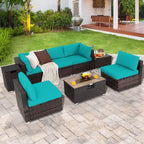 Costway Ensemble de Meubles de Patio en Rotin 8 Pièces Table Brasero Housse de Réservoir de Gaz pour Terrasse Crème/Noir/Bleu Marine/Rouge/Turquoise