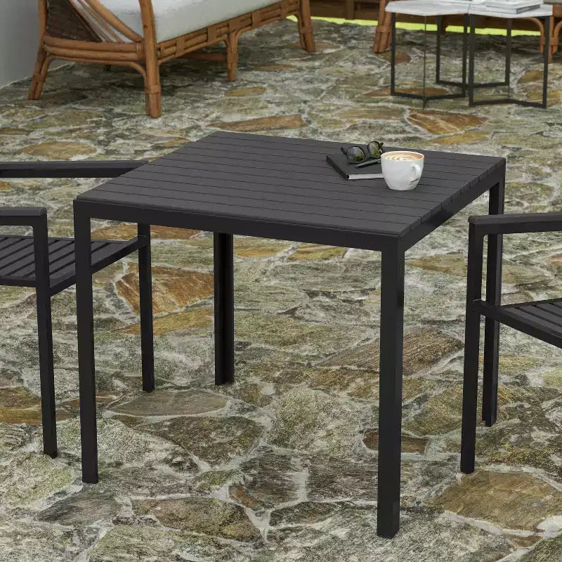 Merrick Lane All-Weather Indoor/Outdoor Square Patio Dining Table for 4 with Steel Frame and Poly Resin Slatted Top - Black