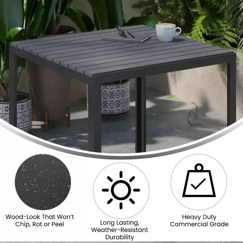 Merrick Lane All-Weather Indoor/Outdoor Square Patio Dining Table for 4 with Steel Frame and Poly Resin Slatted Top - Black