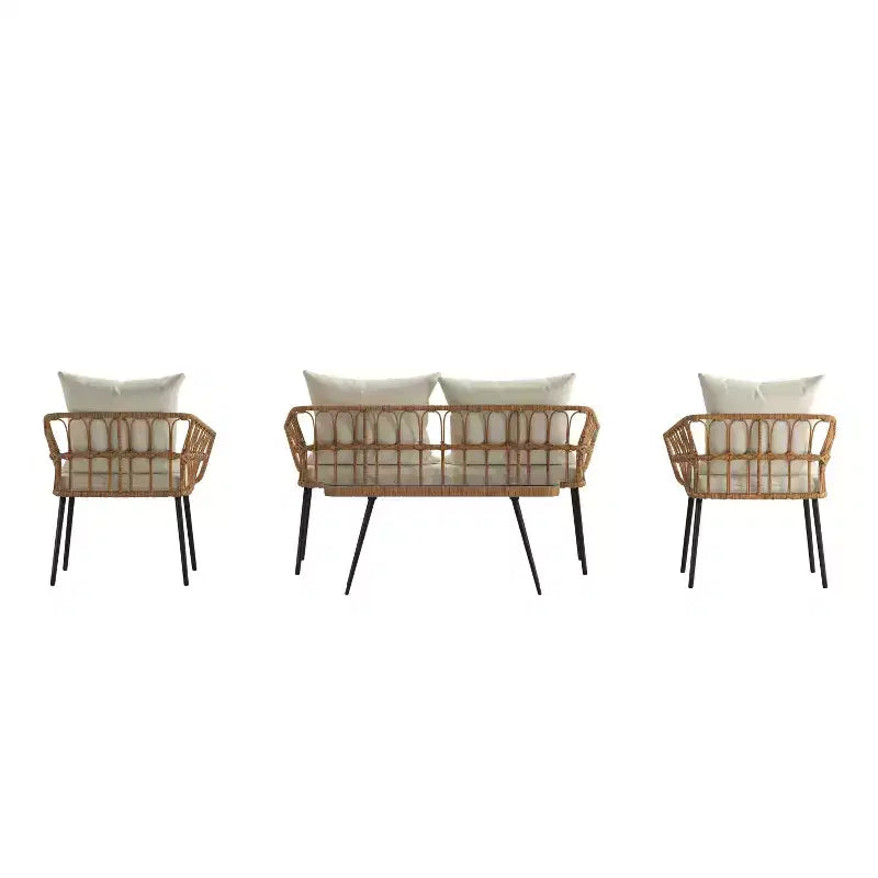 Merrick Lane Four Piece Indoor/Outdoor Boho Open Weave Natural Rattan Rope Patio Set with Two Chairs, Loveseat and Table with Cushions