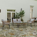 Merrick Lane Four Piece Indoor/Outdoor Boho Open Weave Natural Rattan Rope Patio Set with Two Chairs, Loveseat and Table with Cushions